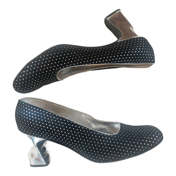Saks Fifth Avenue Safinia Vintage 50s Black Silver Polka Dot Heels Size 8.5 - Picture 2 of 13